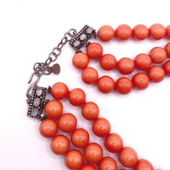 Bohemian Glass in Orange Coral Tone Coated with Sterling and moonstone closure - Picture 8 of 10